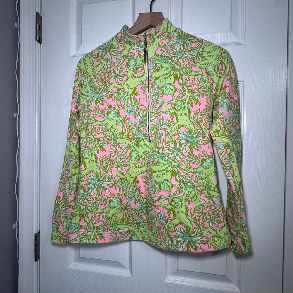 Lilly Pulitzer Skipper Popover Monkey Floral Pink Green Eyelet Quarter Zip Small